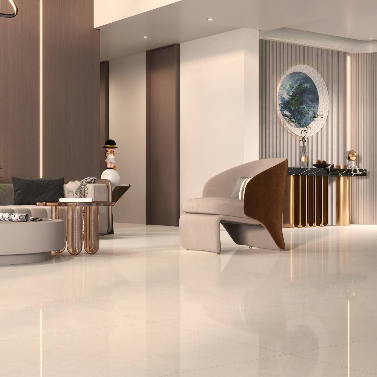 Sala de estar moderna com porcelanato polido de cor marfim claro. O piso reflete a luz e o mobiliário, incluindo um sofá de canto cinza e uma mesa de centro de madeira, destacando o brilho e as bordas retificadas do revestimento. Sala de estar moderna com porcelanato polido de cor marfim claro. O piso reflete a luz e o mobiliário, incluindo um sofá de canto cinza e uma mesa de centro de madeira, destacando o brilho e as bordas retificadas do revestimento.