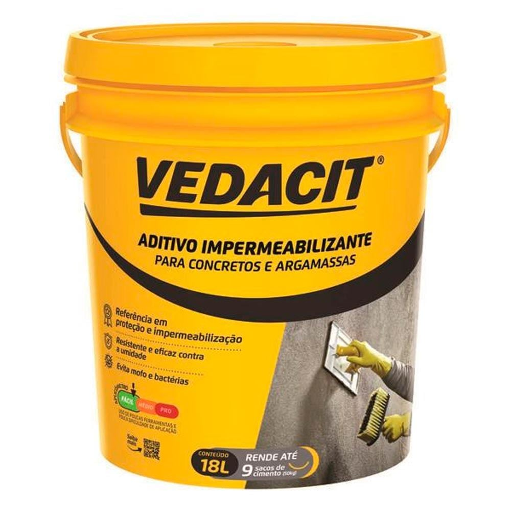 balde amarelo com a marca Vedacit em destaque, indicando ser um aditivo impermeabilizante para concretos e argamassas.