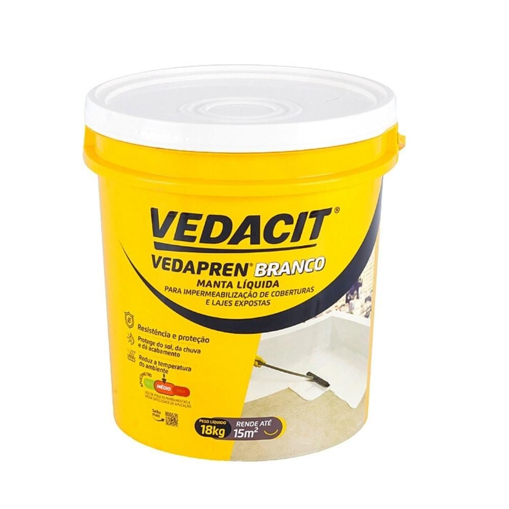 Balde grande e amarelo de Vedacit Vedapren Branco, uma manta líquida para impermeabilização de coberturas e lajes expostas.