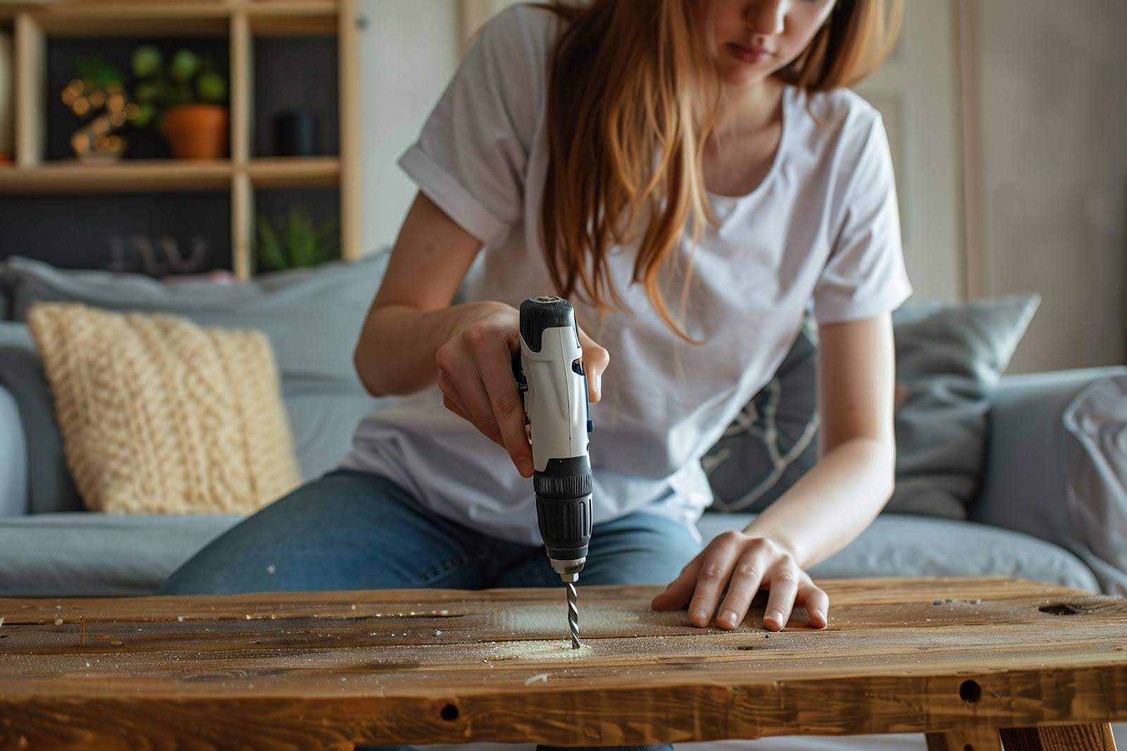 Mulher branca em uma sala de estar perfurando uma mesa de madeira com uma furadeira.