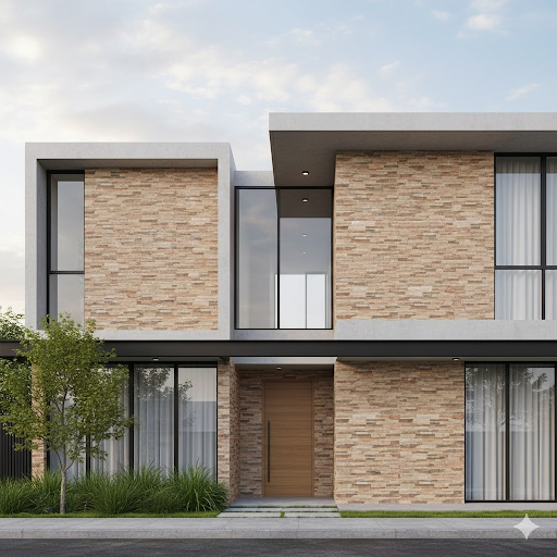 Fachada de casa moderna com revestimento cerâmico que imita pedra aplicado na parede. Fachada de casa moderna com revestimento cerâmico que imita pedra aplicado na parede.