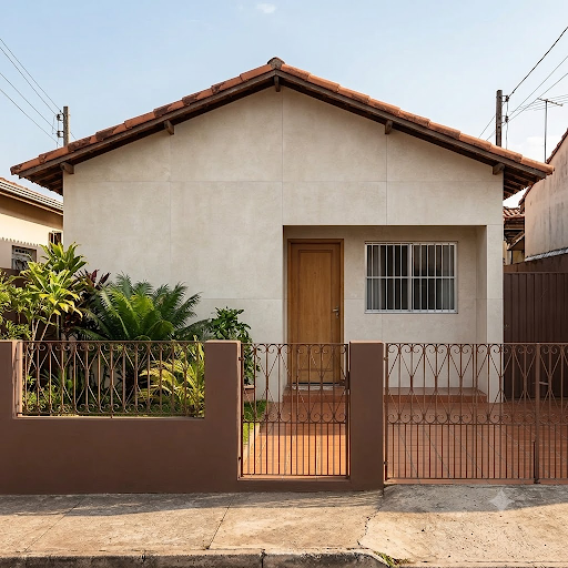 Fachada de uma casa de um pavimento com arquitetura simples e simétrica, com telhado de cerâmica e paredes de cor bege claro. Há um muro baixo de cor marrom com portões de grade de metal decorativo em frente, ladeando uma entrada de pedestres e um portão de garagem. Um jardim com plantas tropicais está visível atrás do muro. A calçada e a rua estão em primeiro plano sob um céu claro. Fachada de uma casa de um pavimento com arquitetura simples e simétrica, com telhado de cerâmica e paredes de cor bege claro. Há um muro baixo de cor marrom com portões de grade de metal decorativo em frente, ladeando uma entrada de pedestres e um portão de garagem. Um jardim com plantas tropicais está visível atrás do muro. A calçada e a rua estão em primeiro plano sob um céu claro.