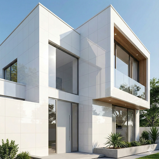 Fachada de casa moderna com piso cerâmico branco brilhoso aplicado em todas as paredes. Fachada de casa moderna com piso cerâmico branco brilhoso aplicado em todas as paredes.