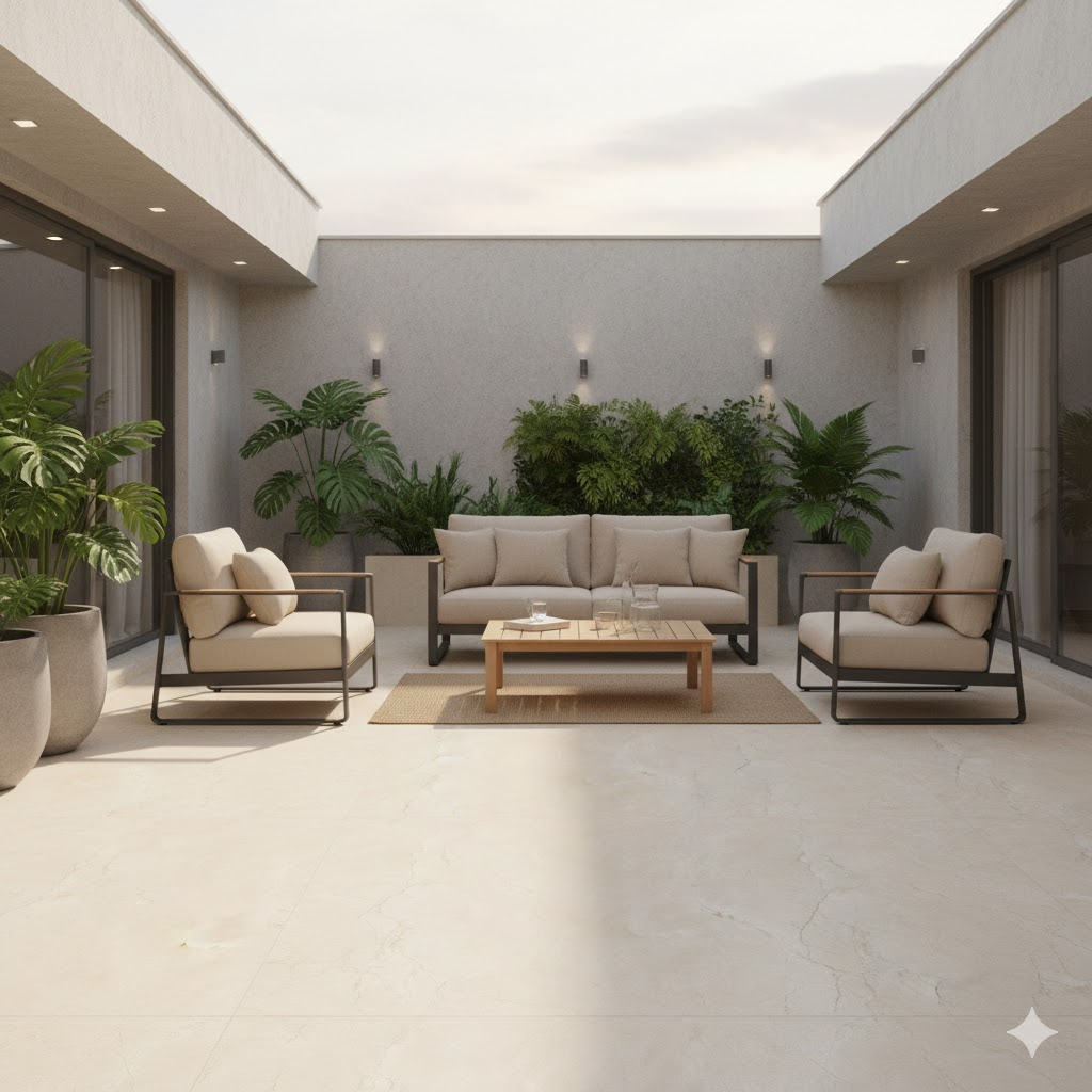 área externa descoberta com sofás e poltronas bege. No piso está aplicado porcelanato bege inspirado no mármore. área externa descoberta com sofás e poltronas bege. No piso está aplicado porcelanato bege inspirado no mármore.