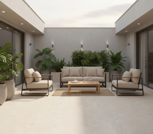 área externa descoberta com sofás e poltronas bege. No piso está aplicado porcelanato bege inspirado no mármore. área externa descoberta com sofás e poltronas bege. No piso está aplicado porcelanato bege inspirado no mármore.