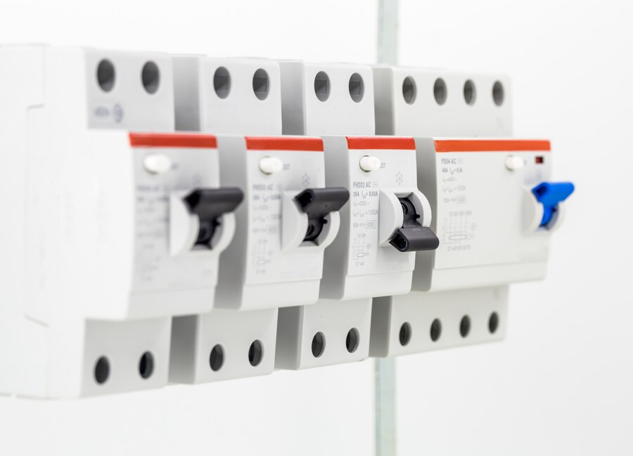 Quadro de disjuntores com diferentes modelos e especificações, destacando a importância desses dispositivos para a segurança da instalação elétrica.