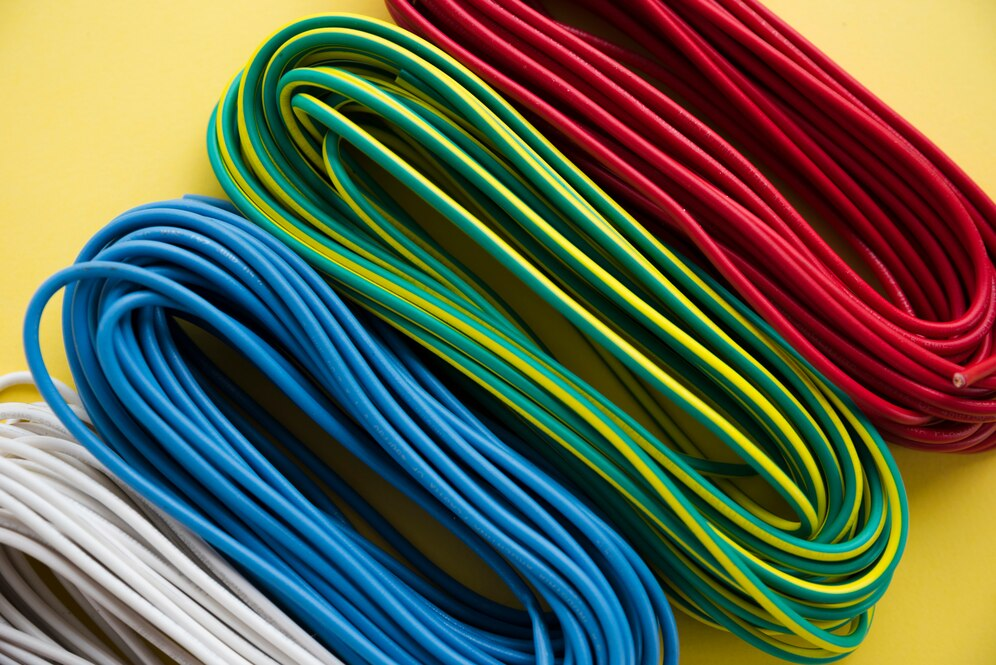 Rolo de fios e cabos elétricos de diferentes cores e espessuras, representando a variedade de materiais necessários para uma instalação elétrica segura. 