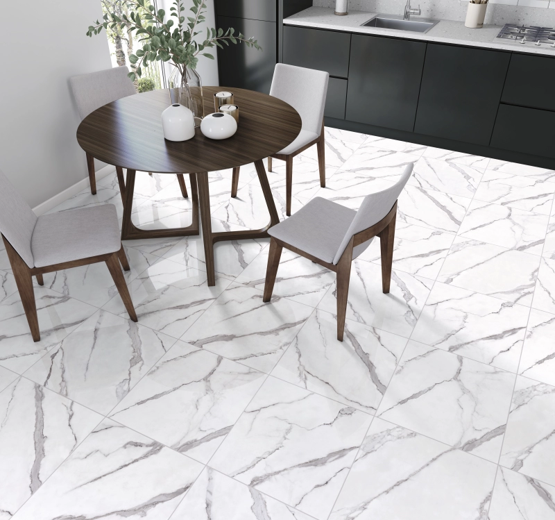 Piso cerâmico para cozinha com efeito mármore branco e veios cinzas. Piso cerâmico para cozinha com efeito mármore branco e veios cinzas.