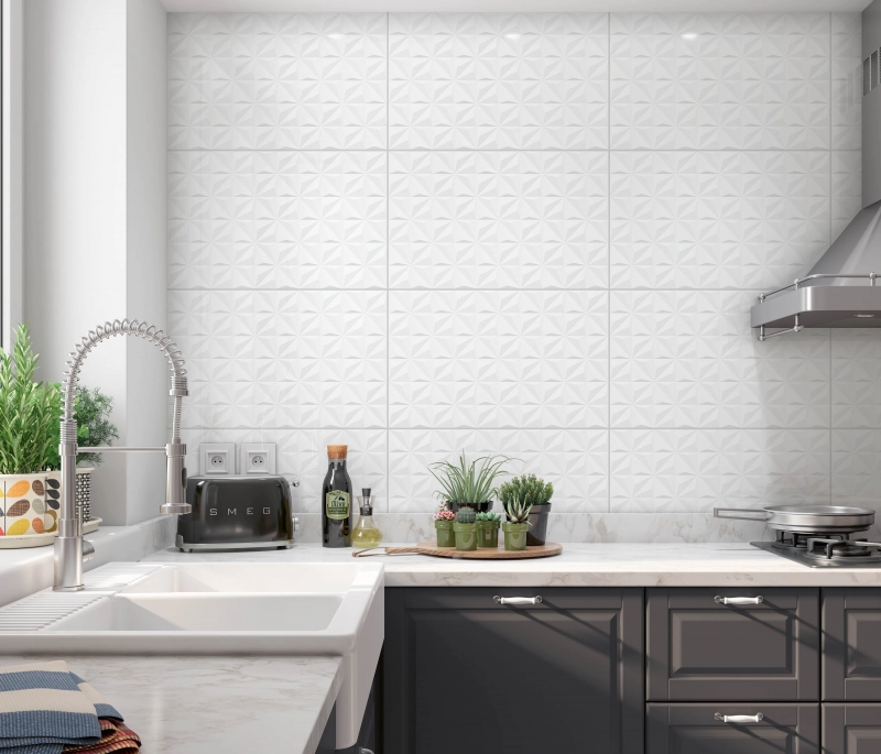 Cozinha moderna com revestimento para cozinha de parede em Cerâmica 3D branca, com padrão geométrico de estrelas. A imagem ilustra revestimentos para cozinha moderna e é uma excelente opção de cerâmica parede cozinha fotos em promoção black friday na Tupan. Cozinha moderna com revestimento para cozinha de parede em Cerâmica 3D branca, com padrão geométrico de estrelas. A imagem ilustra revestimentos para cozinha moderna e é uma excelente opção de cerâmica parede cozinha fotos em promoção black friday na Tupan.