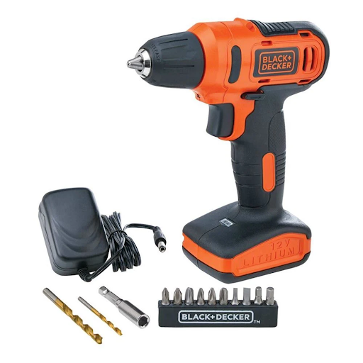 Parafusadeira e furadeira sem fio Black & Decker 12V com bateria de lítio, carregador e kit de brocas e bits. Parafusadeira e furadeira sem fio Black & Decker 12V com bateria de lítio, carregador e kit de brocas e bits.