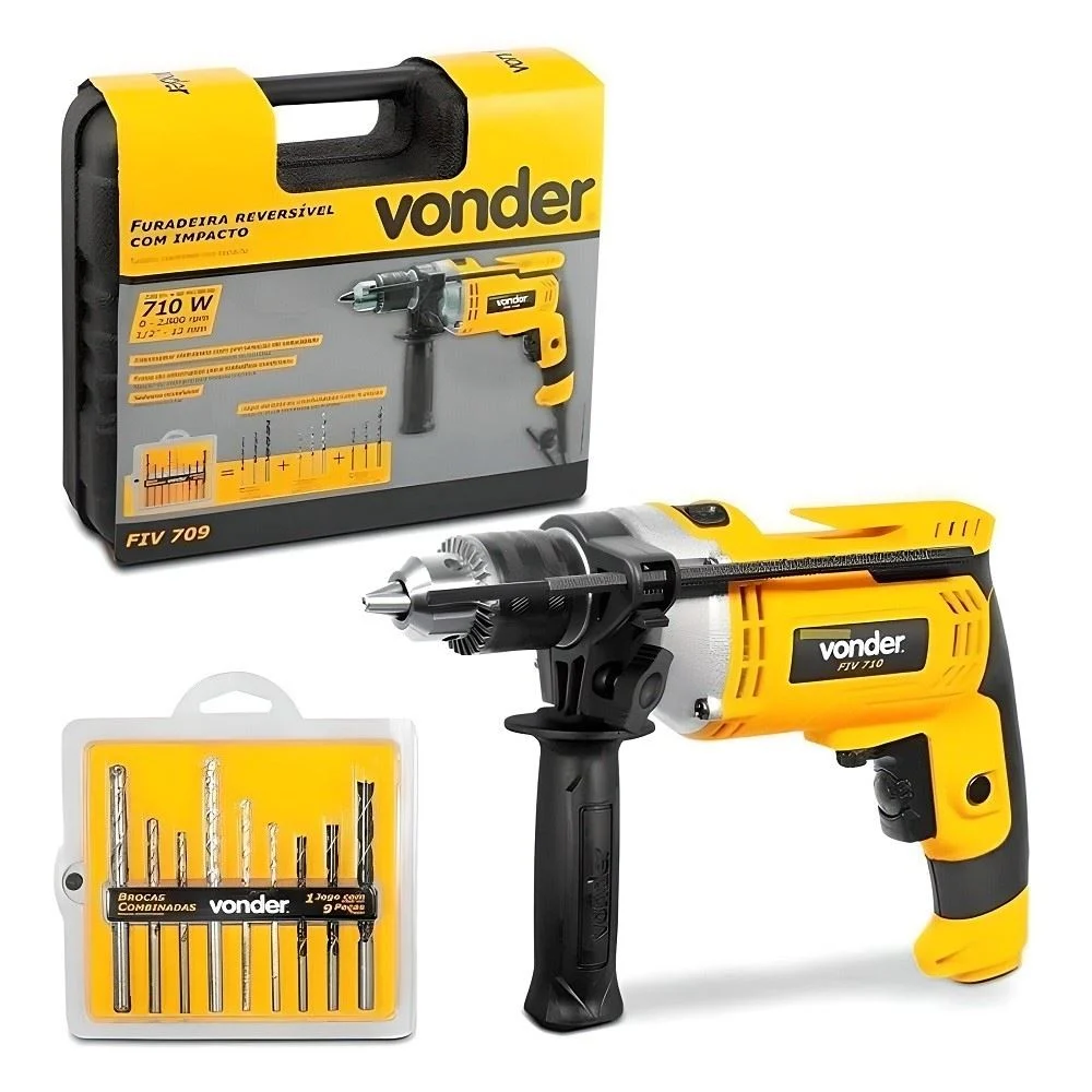 Furadeira De Impacto 1/2 Polegada Com 9 Brocas E Maleta 710W 220V VONDER