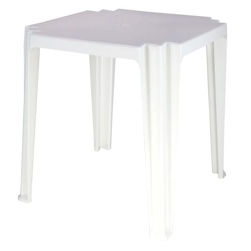 Mesa plástica quadrada branca, modelo tradicional para áreas externas e eventos.
