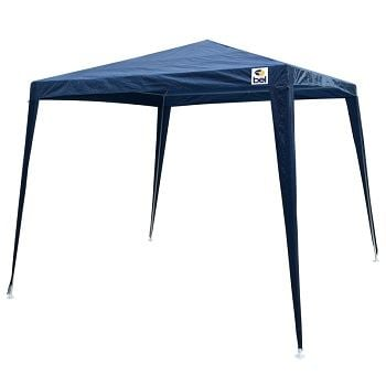 Gazebo dobrável em tecido azul escuro montado sobre fundo branco.