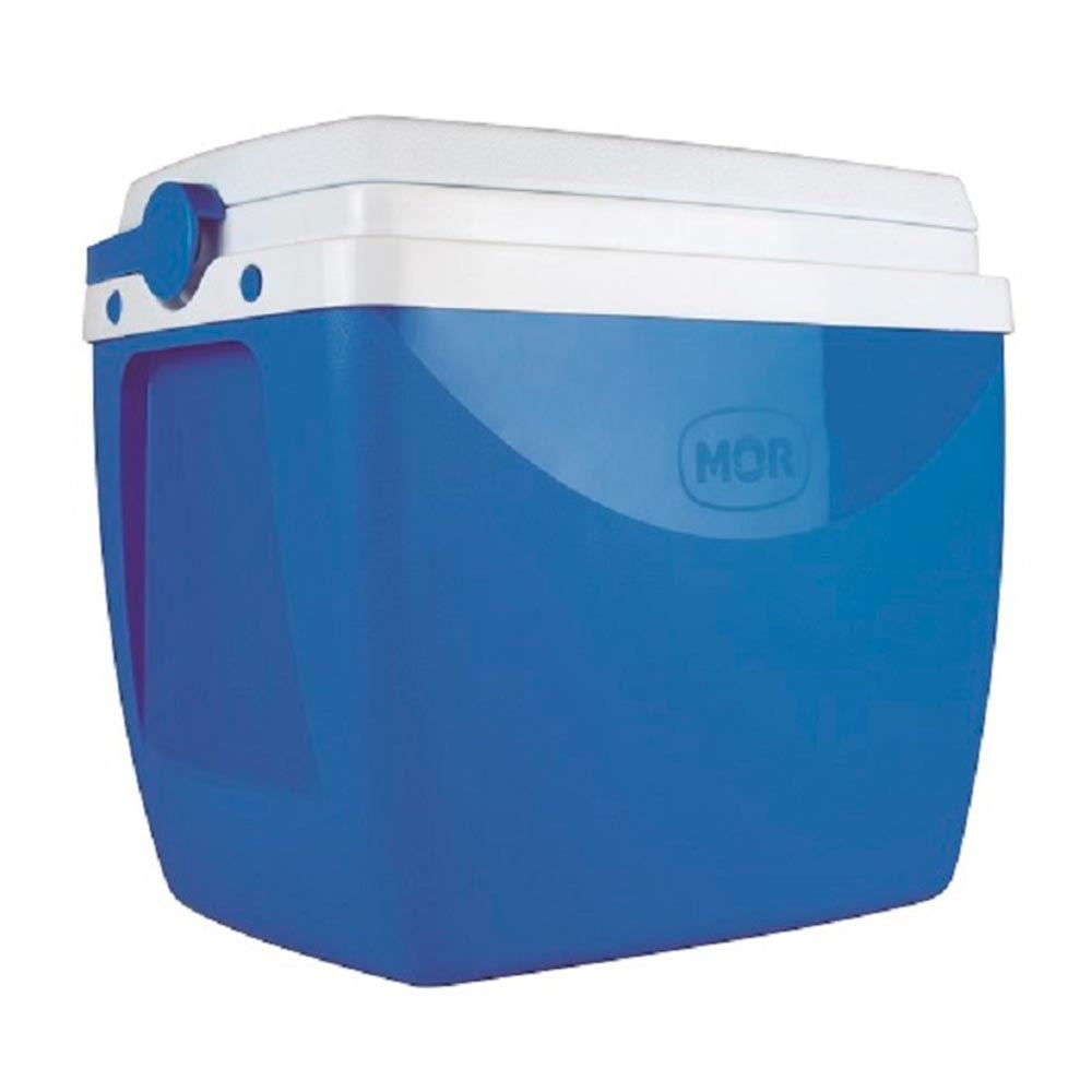 Caixa térmica azul e branca da marca Mor, com alça de transporte, para conservação de gelo e bebidas.
